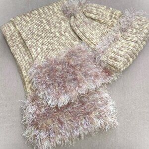 Handmade Knitted Furry Scarf and Hat Set, Furry yarn contrast, white/beige yarn